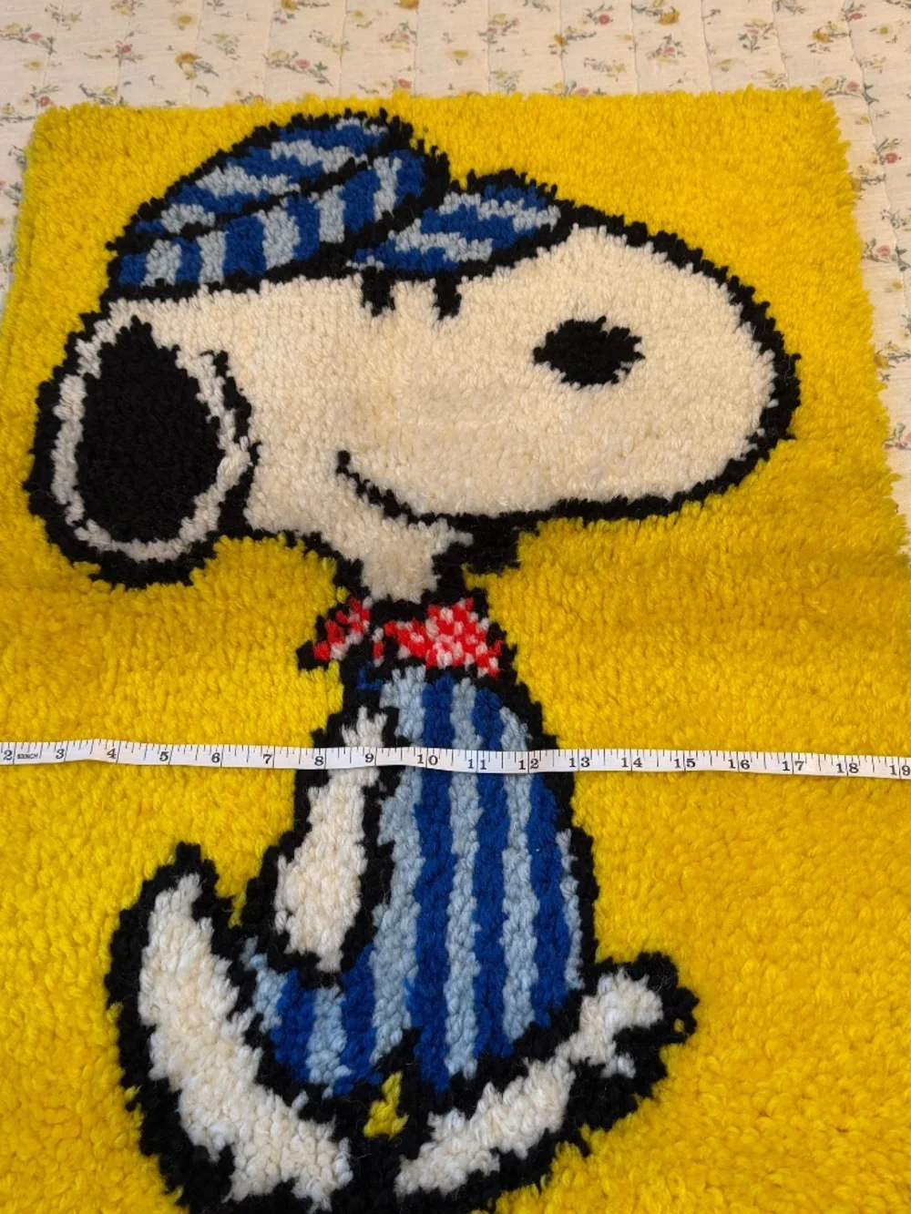 Vintage Snoopy Train Conductor Engineer Completed Latch Hook Rug 1970s 27x20
